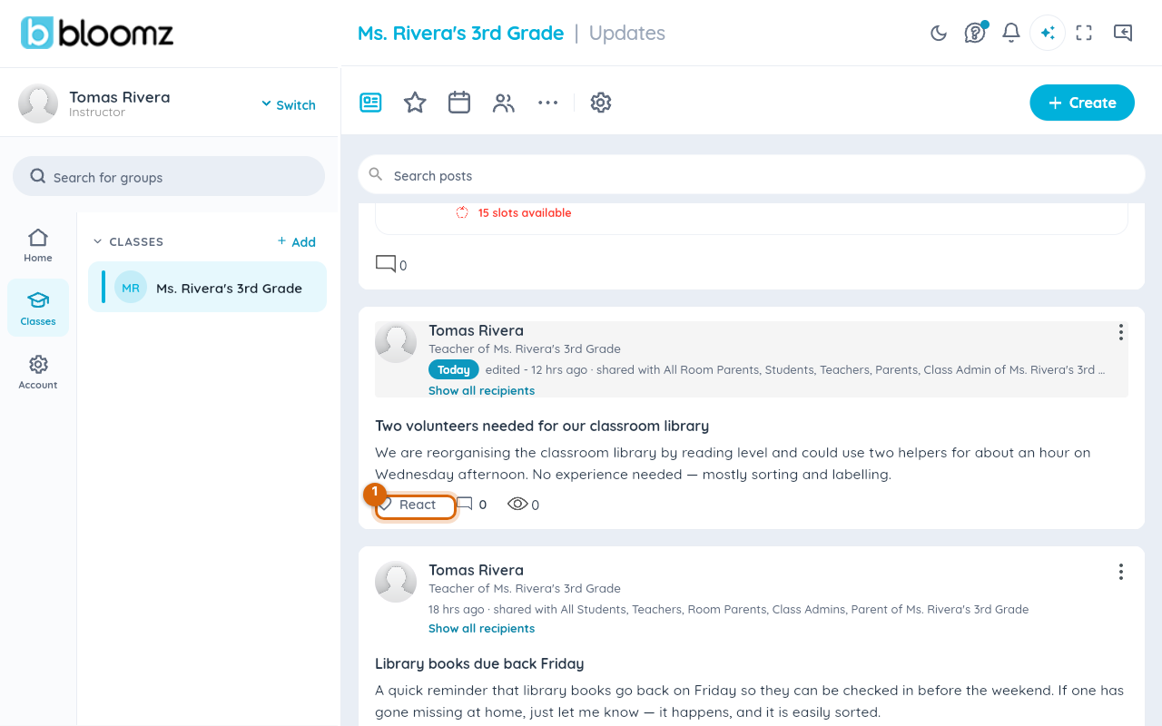 A post in the feed with its action bar along the bottom, and the like control marked
