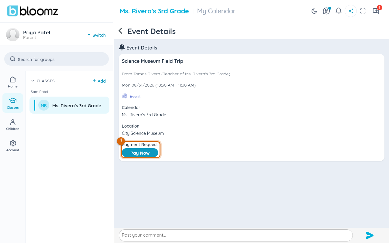 An event's detail screen with the Payment Request section and Pay Now button marked